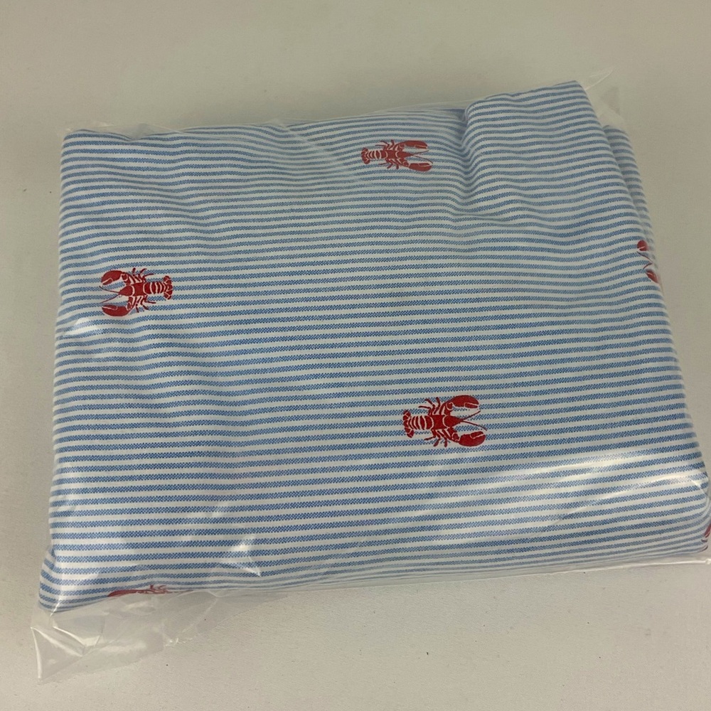 Twin size flat sheet. Red lobsters with blue and white stripes. 100% cotton